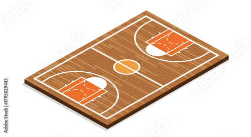 Isometric basketball court on white background with wood texture