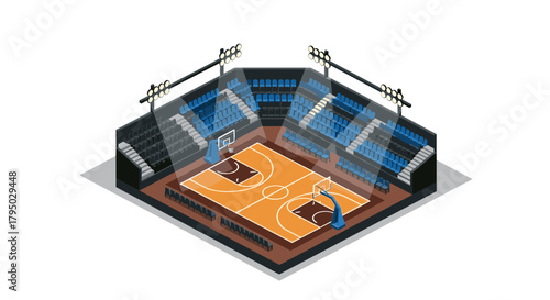 Isometric basketball arena with wooden court and blue seats