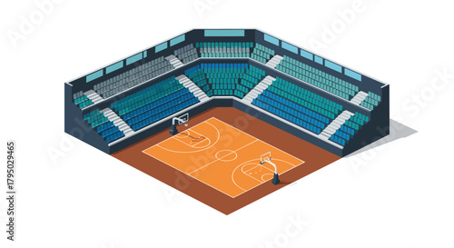 Isometric basketball court in modern indoor arena with seating