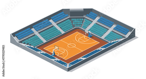 Isometric basketball arena with seating and court design elements