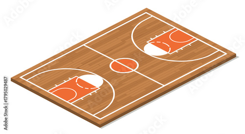Isometric basketball court design with wooden flooring and markings