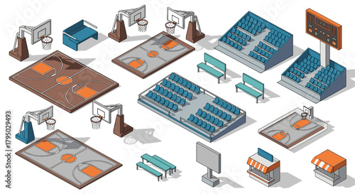 Isometric basketball court with stadium elements and seating arrangement