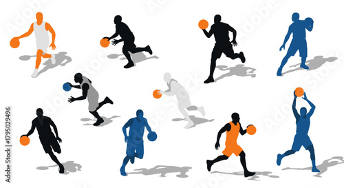 Dynamic basketball player silhouettes in action with vibrant colors