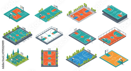 Isometric basketball courts set with various designs in flat style