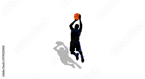 Basketball player dunking silhouette with shadow on white background