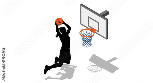 Dynamic isometric basketball dunk with player and hoop silhouette
