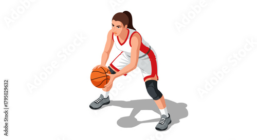 Isometric female basketball player in action with ball
