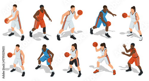 Basketball players in action: dynamic isometric sport collection