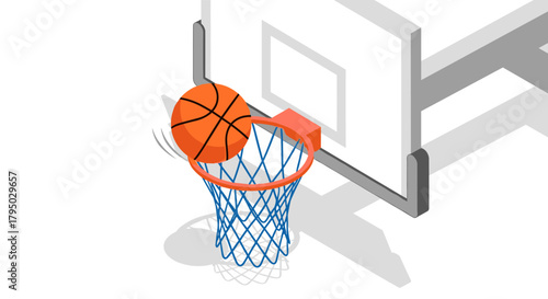 Isometric basketball net with basketball swish in motion