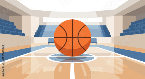 Modern basketball arena with ball highlighting court details and seating
