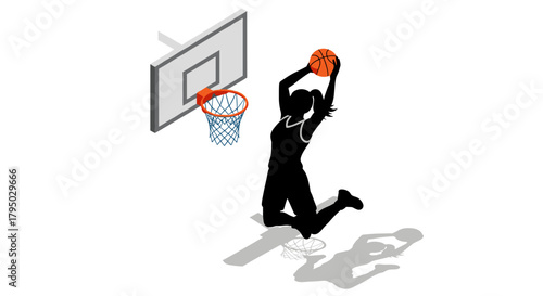 Female basketball player dunking silhouette in isometric style with shadow