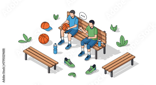 Isometric park scene with friends on bench and basketball gear