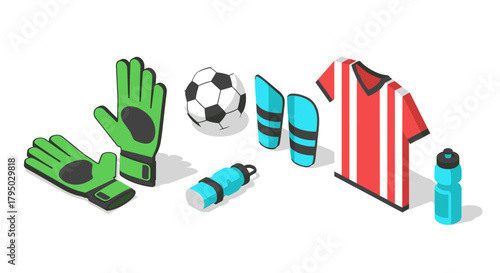 Isometric soccer equipment set with gloves, ball, and jersey in flat design
