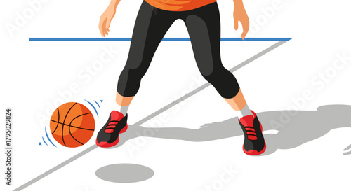 Basketball dribble action on court with stylish sneakers and shadow play
