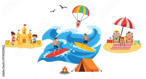 Vibrant Flat Vector Illustration: Summer Beach Vacation Activities with Sandcastle Building, Surfing, Parasailing, Sunbathing, and Camping