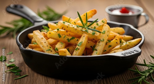 Crispy fries sprinkled with herbs inside a cast-iron skillet, rustic warm tones.
