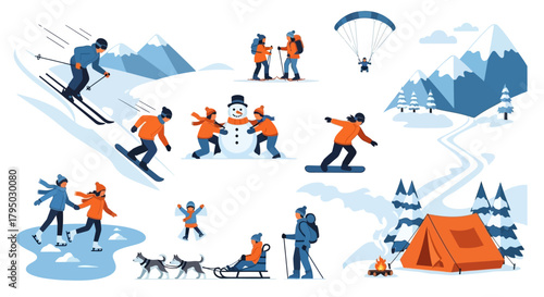 Winter Activities Illustration: Skiing, Snowboarding, Snowshoeing, Sledding, and Building a Snowman