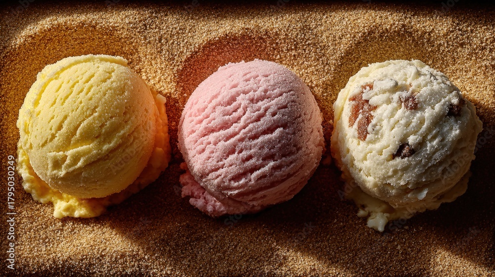 Fototapeta premium Three Delicious Ice Creams Melting on Sandy Beach Under Summer Sun