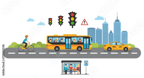 Yellow City Bus with Passengers, Driving on Road, Vector Illustration