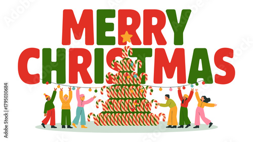 Festive Christmas Celebration: A joyful illustration captures the spirit of the holidays, with friends gathering together to adorn a decorative tree with lights.