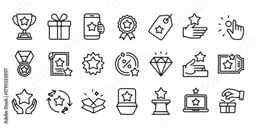 Loyalty Program and Customer Rewards Vector Icon Set - Bonus, Achievement, Ranking, and Star Line Art