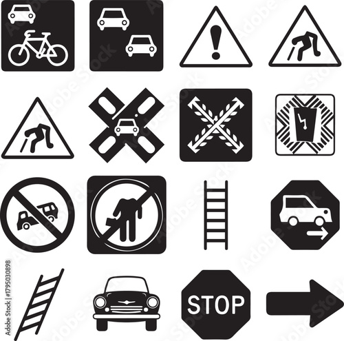Traffic Safety Icon Set Road Signs, Warnings, and Transport Symbols