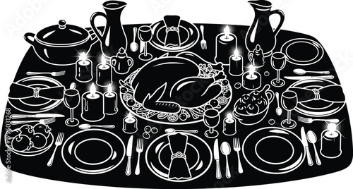 Elegant Thanksgiving dinner table with turkey and candles for a festive holiday celebration professional vector concept illustration