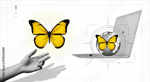 Hand reaching towards butterflies and laptop
