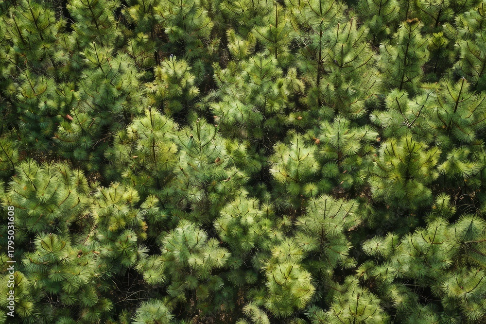 Naklejka premium A thick grove of green pine trees fills the scene, showcasing their varied heights and textures under soft, filtered sunlight in a serene forest atmosphere