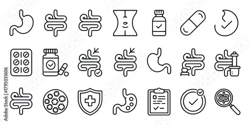 Gastroenterology and Digestion Health Vector Icon Set - Stomach, Intestine, Gut Biome, and Probiotic Line Art