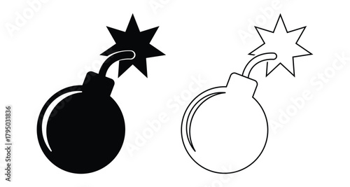 Minimalist bomb icon illustration in solid and outline styles with fuse sparks, isolated on white background