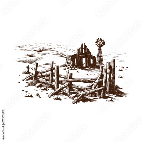 Hand drawn sketch of an old farm with windmill