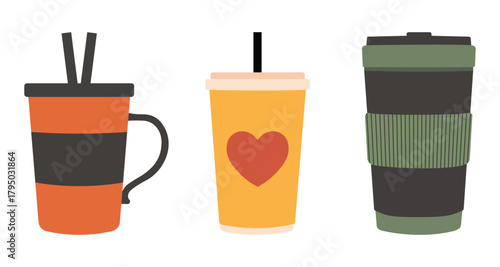 Minimalist illustration of three beverage cups in varied styles ceramic, disposable, and travel mug isolated on white background