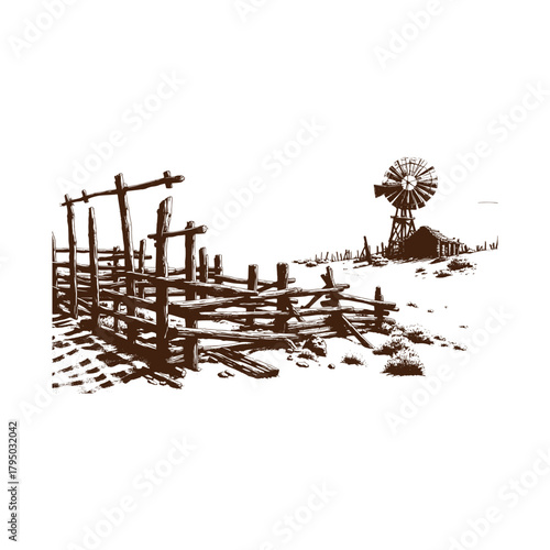 Illustration of an old farm with a windmill