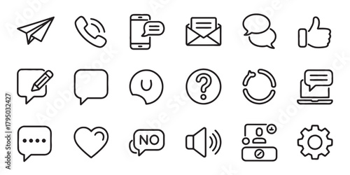 Outline Communication and Chat Vector Icon Set - UI, Social Media, Contact, and Messaging Line Art