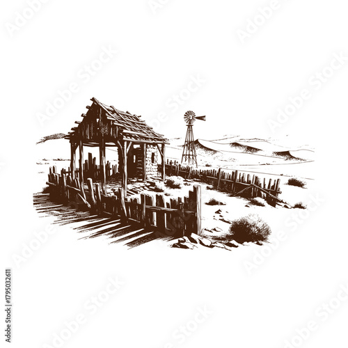 Old abandoned wooden homestead with windmill