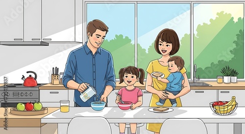 Happy family with two children cooking together in a modern kitchen at home.