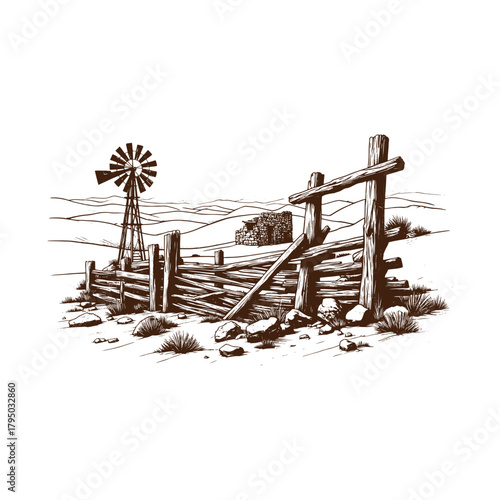 Rustic western landscape with windmill and wooden fence