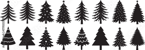 set silhouette of christmas tree, fir tree design vector isolated	
