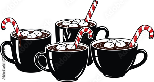 Cozy winter mugs overflowing with rich hot chocolate, marshmallows, and festive candy canes create warm holiday cheer. clean modern line vector artwork