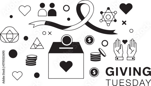 Giving Tuesday collage of donation icons hearts coins and ribbon charity fundraising