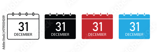 31st December icon. Calendar icon showing December 31st date. December thirty-first calendar page icon for year-end. Vector illustration.