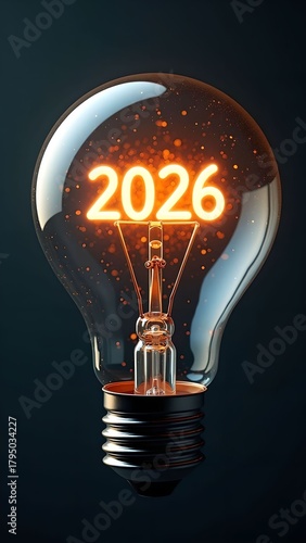 Creative light bulb design displaying the year 2026 in bright white numbers on a dark background.