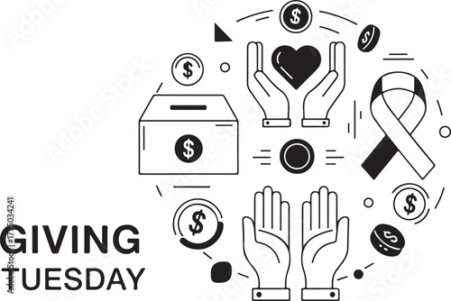 Giving Tuesday concept with donation box, hands, and money symbols charity fundraising