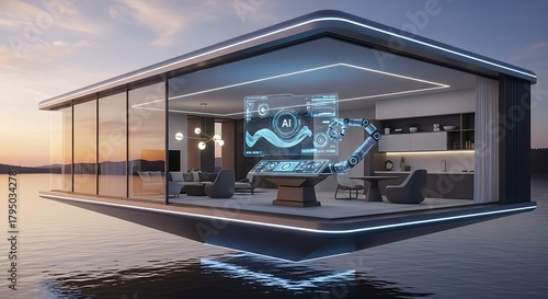 Futuristic Floating House with Panoramic Views and Smart Technology.