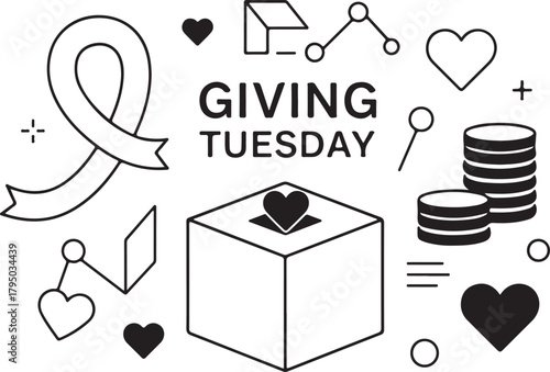 Giving Tuesday donation and charity icons with ribbon and hearts fundraising support