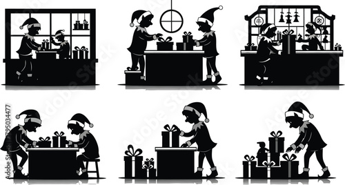 Adorable elves diligently preparing festive holiday gifts with joyful anticipation for Christmas magic black and white vector concept drawing