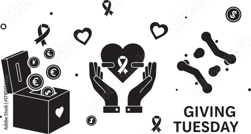 Giving Tuesday Donation Box Hands Heart Coins and Ribbons charity fundraising