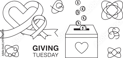 Giving Tuesday donation box heart ribbon abstract shapes line art charity fundraising
