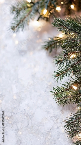 Wallpaper Mural A frosted pine branch adorned with small golden lights positioned on the right against a blurry white marble and snow background. Minimalist winter holiday atmosphere Torontodigital.ca